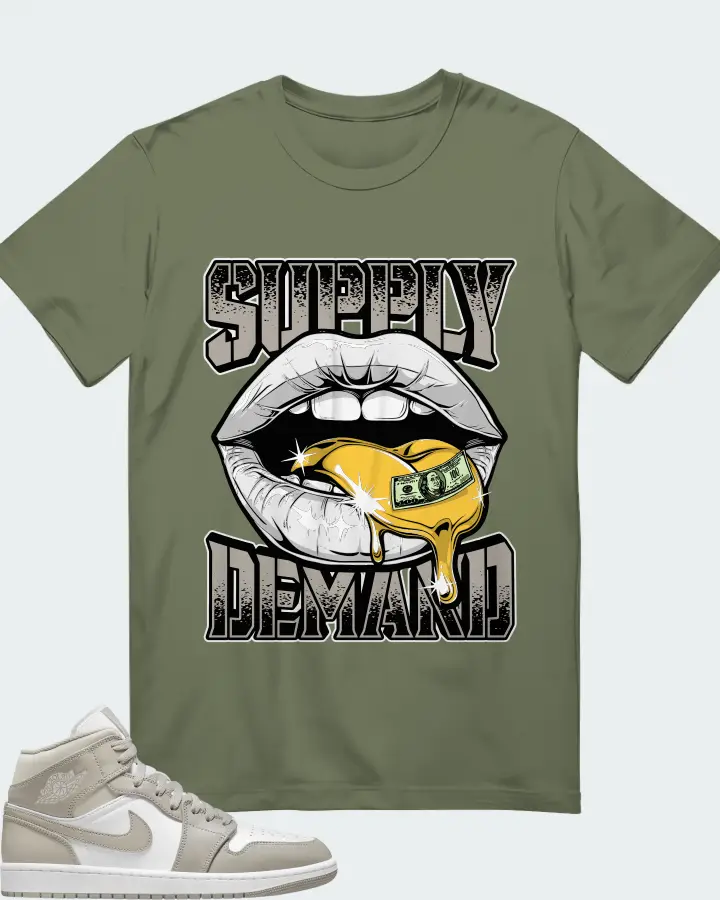 Jordan 1 Mid Sneaker Matching Olive T-Shirt (Supply Demand) - View 1