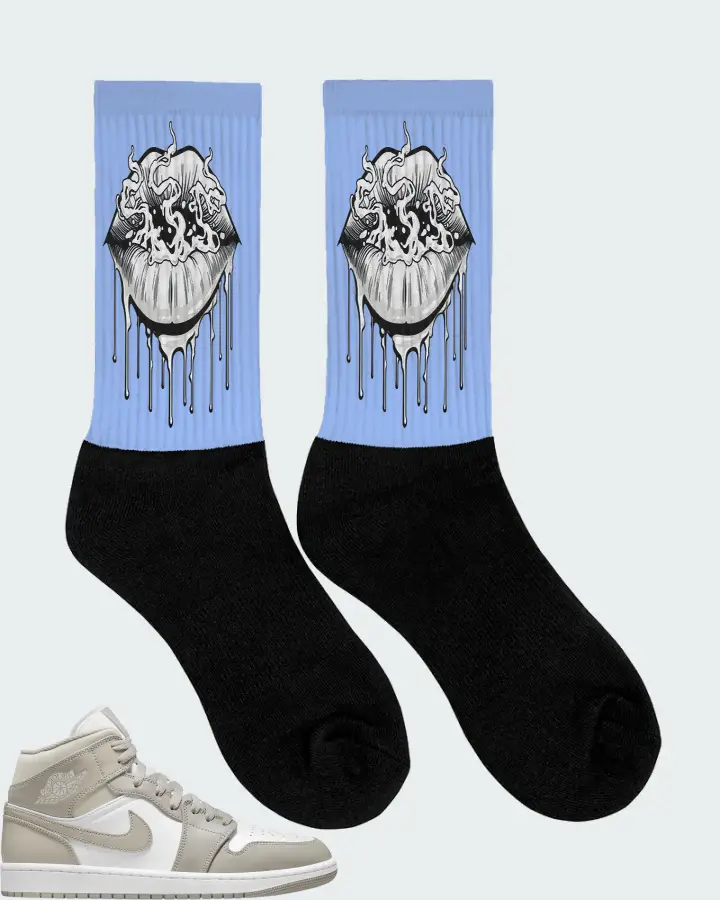 Jordan 1 Mid Sneaker Matching Carolina Blue Socks (Puff Puff) - View 2