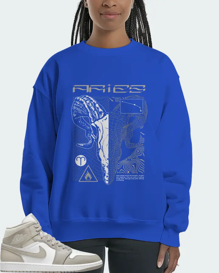 Jordan 1 Mid Sneaker Matching Royal Blue Sweatshirt (ARIES) - View 3