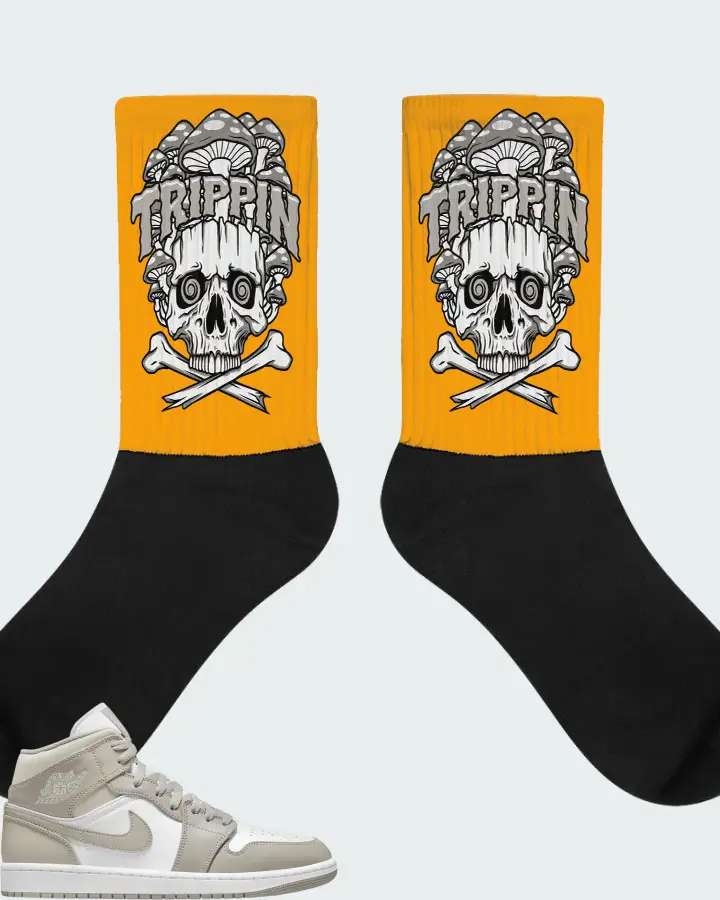 Jordan 1 Mid Sneaker Matching Gold Socks (Trippin Skull) - View 1
