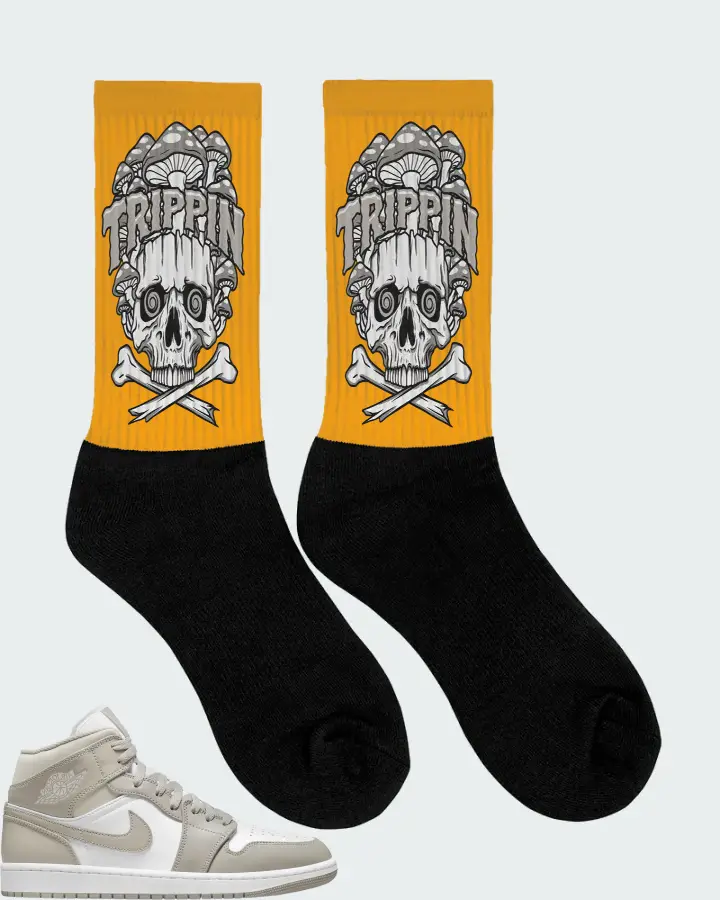 Jordan 1 Mid Sneaker Matching Gold Socks (Trippin Skull) - View 2