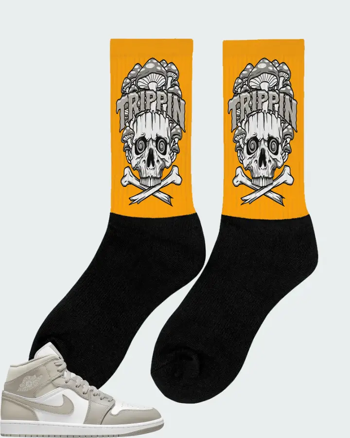 Jordan 1 Mid Sneaker Matching Gold Socks (Trippin Skull) - View 3