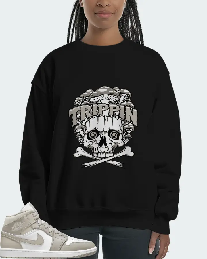 Jordan 1 Mid Sneaker Matching Black Sweatshirt (Trippin Skull) - View 3