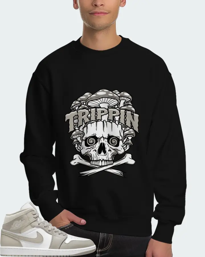 Jordan 1 Mid Sneaker Matching Black Sweatshirt (Trippin Skull) - View 4