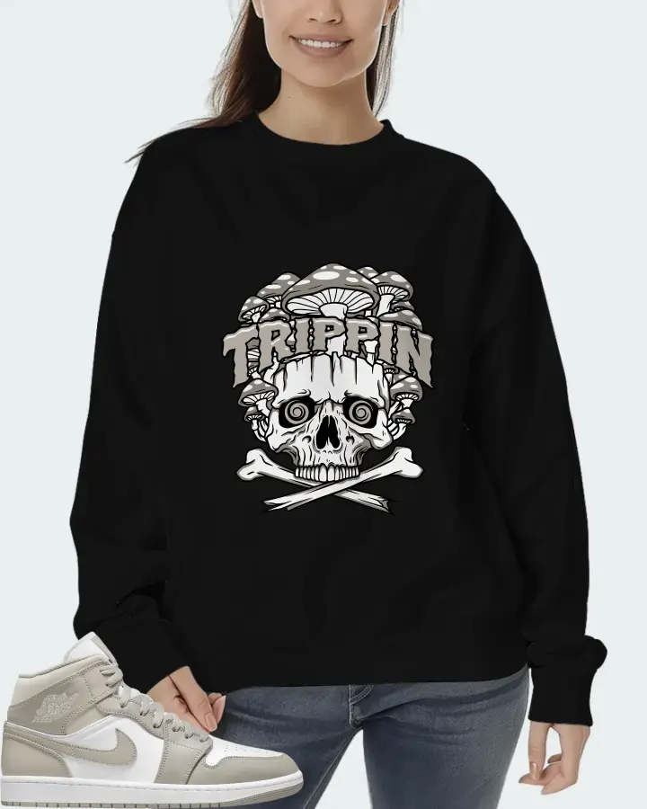 Jordan 1 Mid Sneaker Matching Black Sweatshirt (Trippin Skull) - View 5