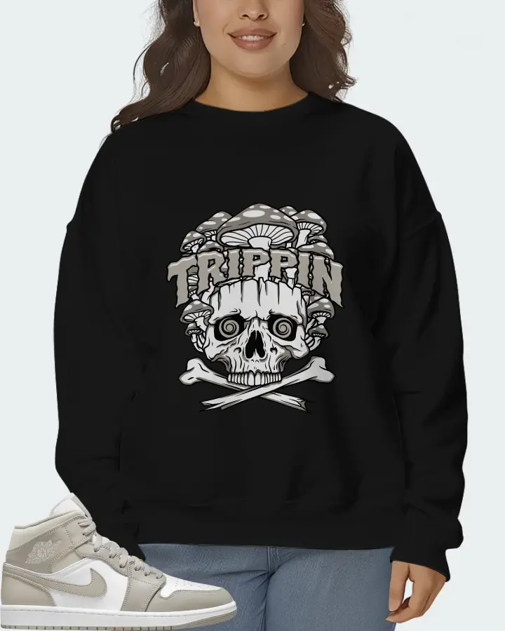 Jordan 1 Mid Sneaker Matching Black Sweatshirt (Trippin Skull) - View 7