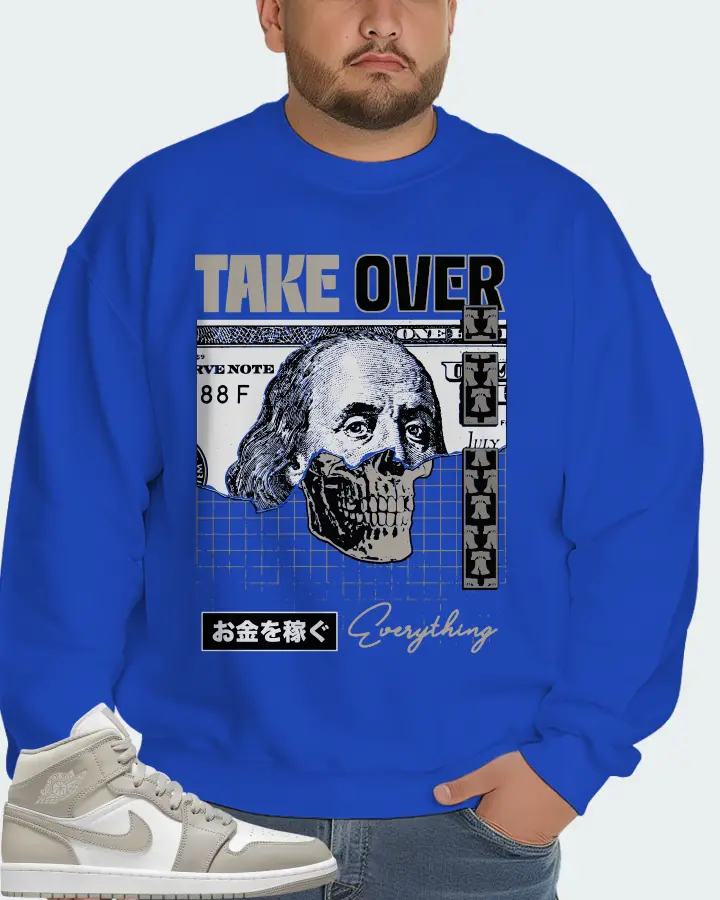 Jordan 1 Mid Sneaker Matching Royal Blue Sweatshirt (Take Over) - View 6
