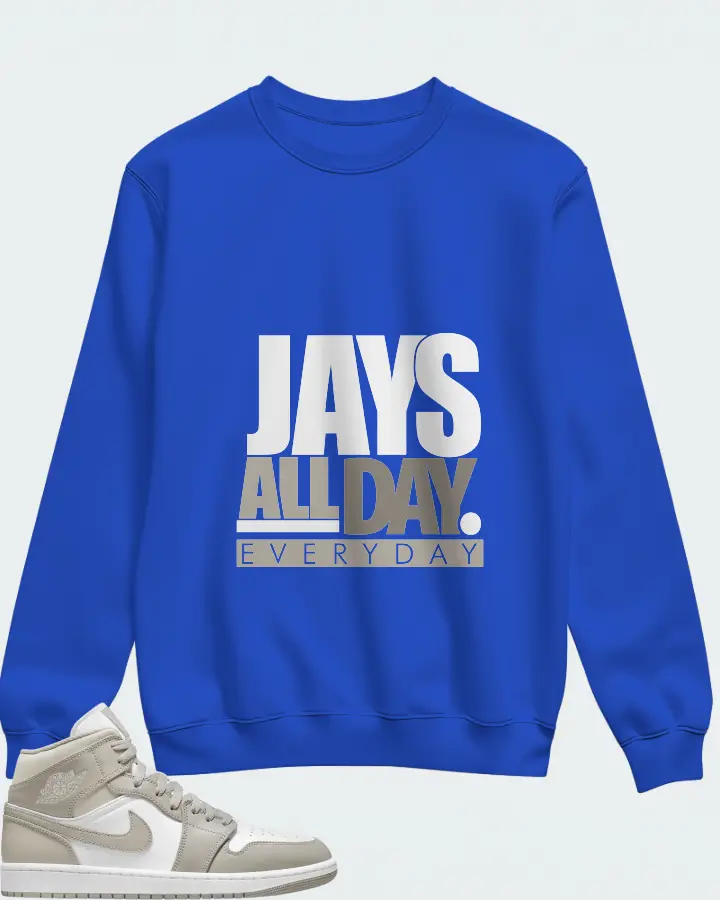 Jordan 1 Mid Sneaker Matching Royal Blue Sweatshirt - Jays All Day