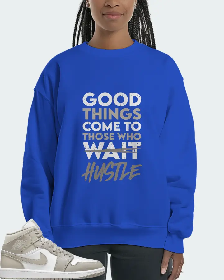Jordan 1 Mid Sneaker Matching Royal Blue Sweatshirt (Good Things Come) - View 3