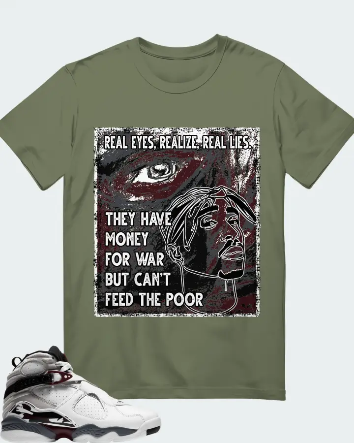 Jordan 8 Retro Sneaker Matching Olive T-Shirt - TUPAC Real Eyes Realize Real Lies