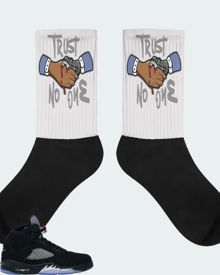 Air Jordan 5 Retro Metallic Black Fire Red Metallic Silver Sneaker Matching White Socks - Trust No One