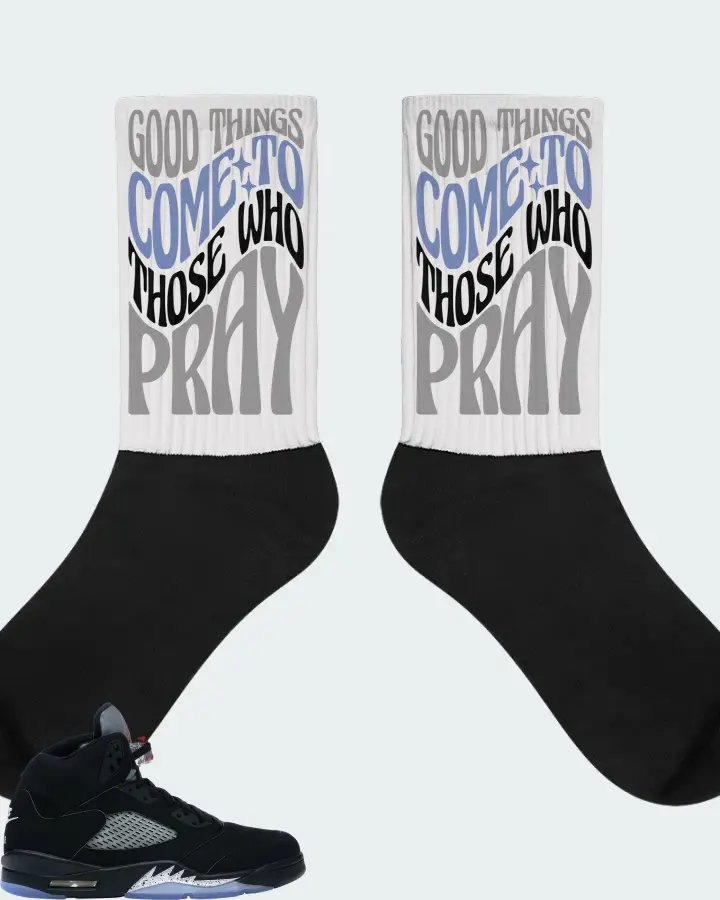 Air Jordan 5 Retro Metallic Black Fire Red Metallic Silver Sneaker Matching White Socks - Good Things Come To Those Who Pray