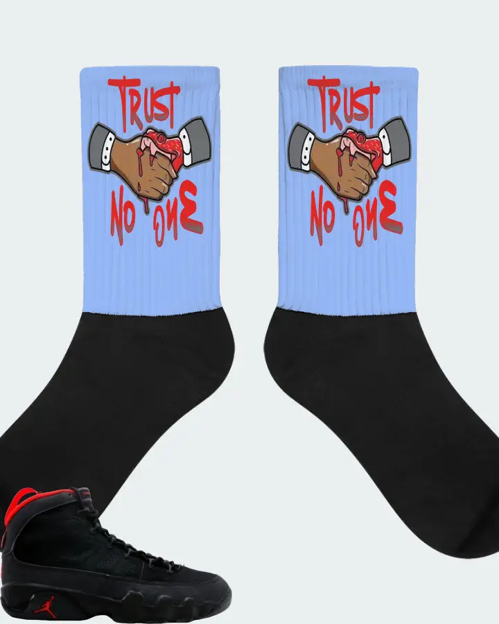 Jordan 9 OG Sneaker Matching Carolina Blue Socks - Trust No One