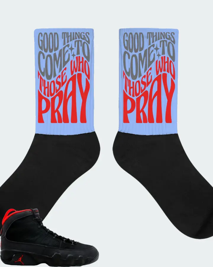 Jordan 9 OG Sneaker Matching Carolina Blue Socks - Good Things Come To Those Who Pray