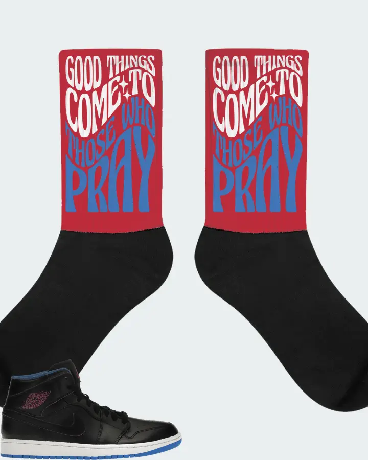 Jordan 1 Retro Mid Sneaker Matching Red Socks - Good Things Come To Those Who Pray