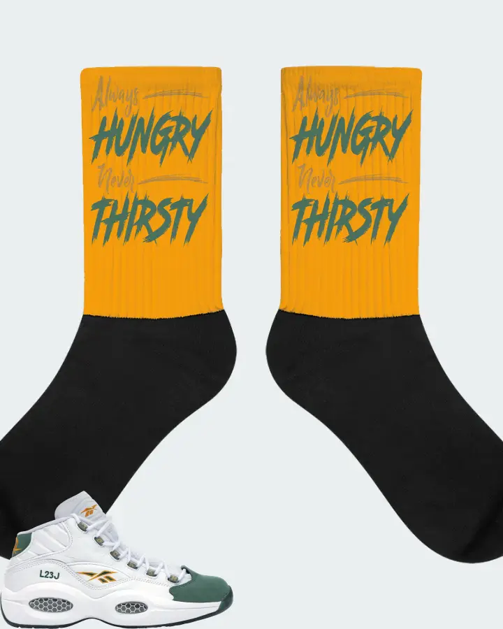 Reebok Question Mid Sneaker Matching Gold Socks - Always HUNGRY Never THIRSTY
