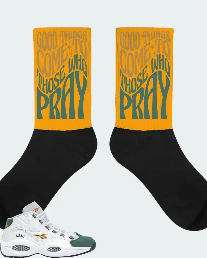 Reebok Question Mid Sneaker Matching Gold Socks - Good Things Come To Those Who Pray