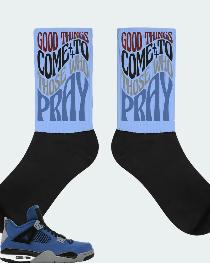 Jordan 4 Retro Sneaker Matching Carolina Blue Socks - Good Things Come To Those Who Pray