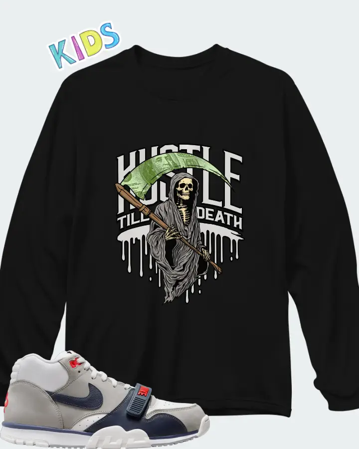 Nike Air Trainer 1 White Midnight Navy Medium Grey Matching Kid's Long Sleeve T-Shirt