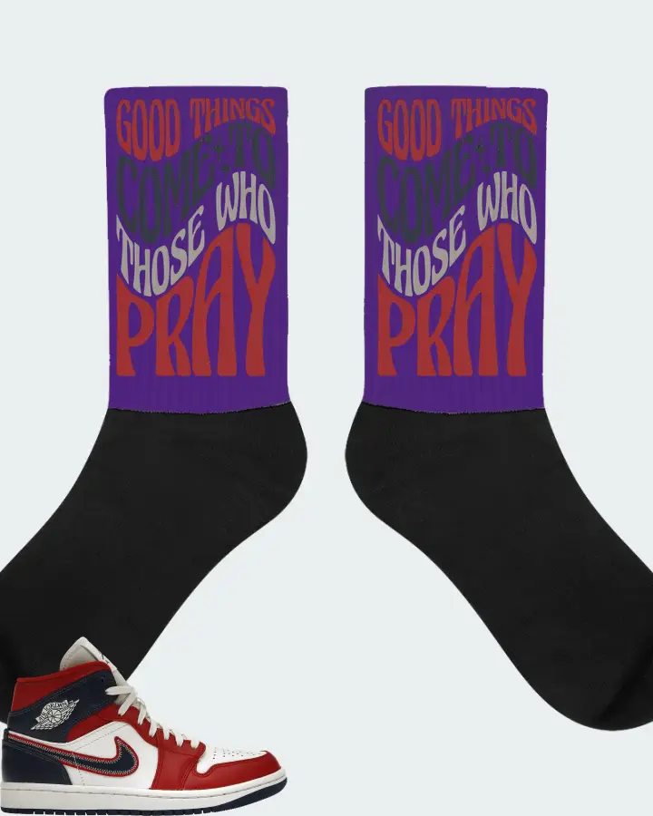 Jordan 1 Mid Sneaker Matching Purple Socks - Good Things Come To Those Who Pray