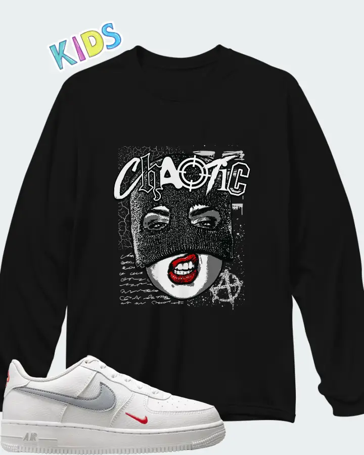 Nike Air Force 1 Low White Red Grey Mini Swoosh Matching Kid's Long Sleeve T-Shirt