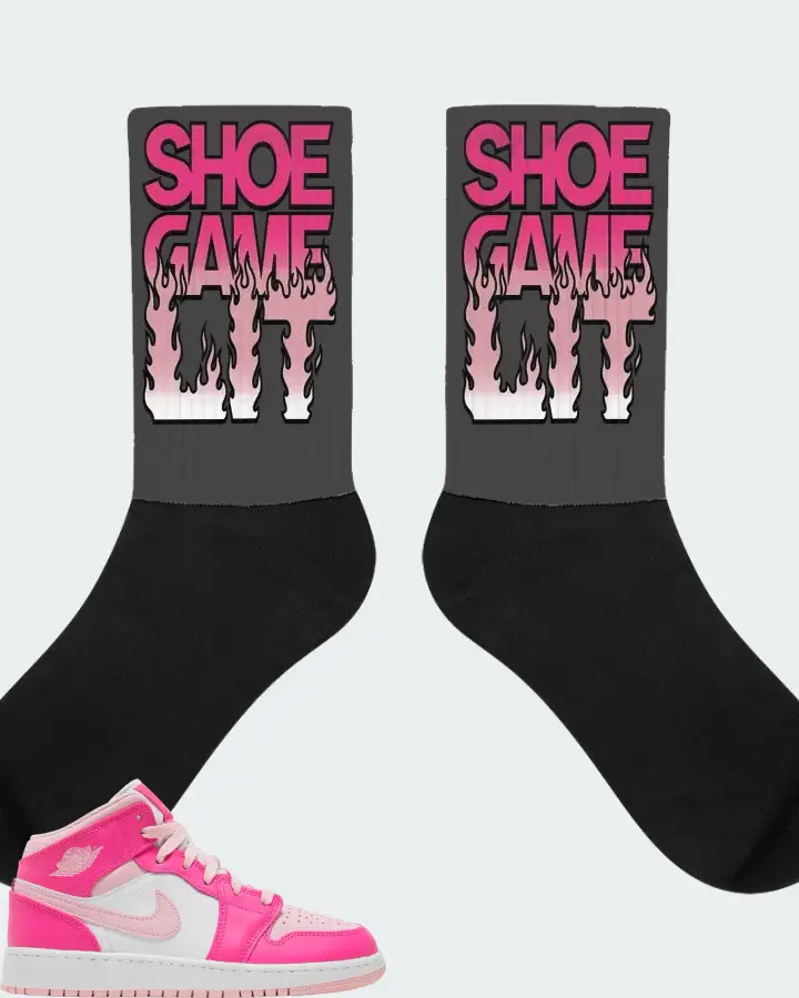 Air Jordan 1 Mid Medium Soft Pink Fierce Pink Sneaker Matching Dark Grey Socks - Shoe Game Lit Refreshed