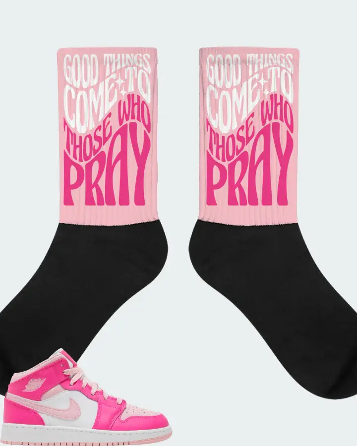 Air Jordan 1 Mid Medium Soft Pink Fierce Pink Sneaker Matching Pink Socks - Good Things Come To Those Who Pray