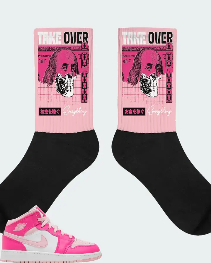 Air Jordan 1 Mid Medium Soft Pink Fierce Pink Sneaker Matching Pink Socks - Take Over