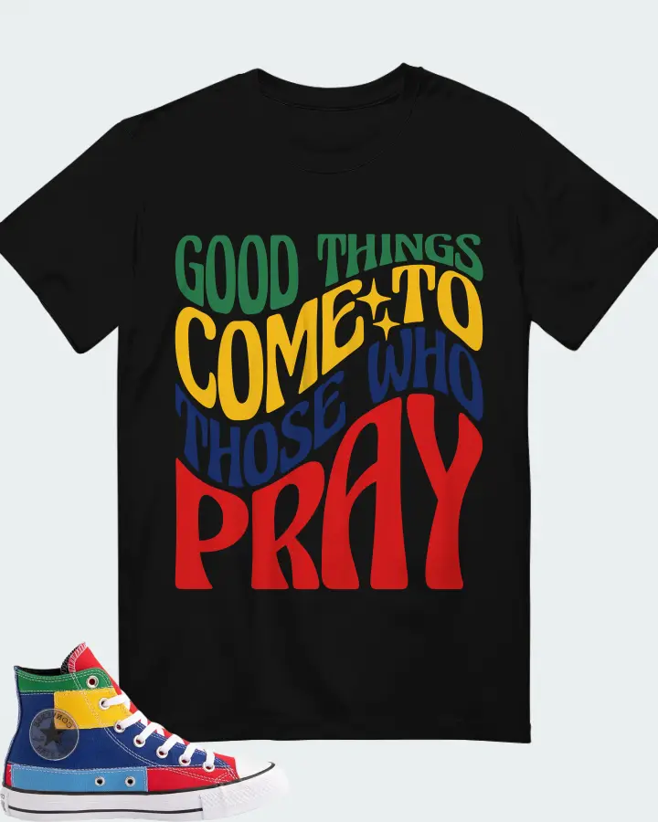 Converse Chuck Taylor All Star Hi Patchwork Block- Multicolor Sneaker Matching Black T-Shirt - Good Things Come To Those Who Pray