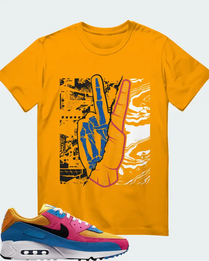 Nike Air Max 90 Multicolor Suede Sneaker Matching Gold T-Shirt - Peace of mind
