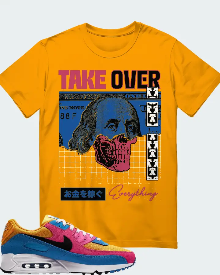 Nike Air Max 90 Multicolor Suede Sneaker Matching Gold T-Shirt - Take Over