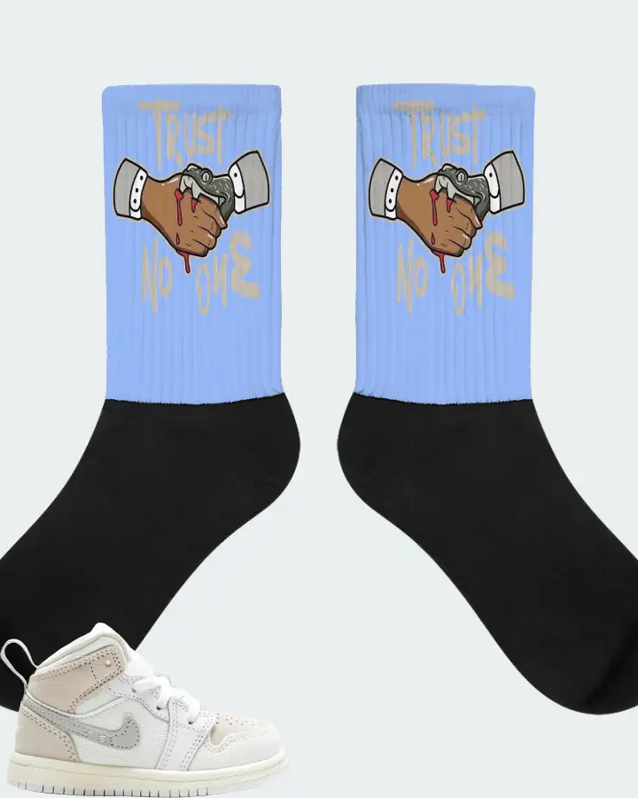 Jordan 1 Mid SE Sneaker Matching Carolina Blue Socks - Trust No One