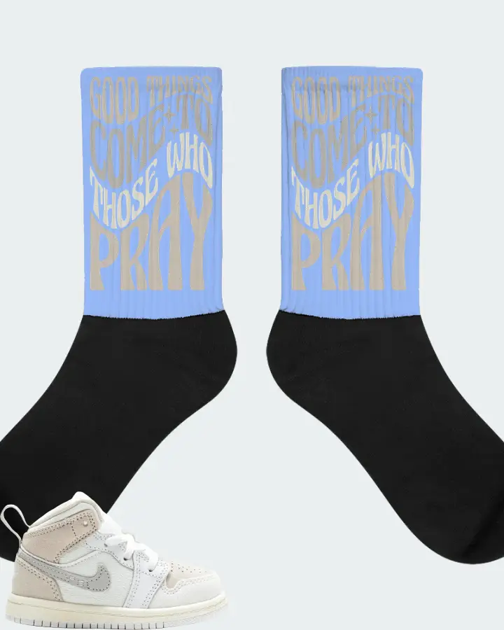 Jordan 1 Mid SE Sneaker Matching Carolina Blue Socks - Good Things Come To Those Who Pray