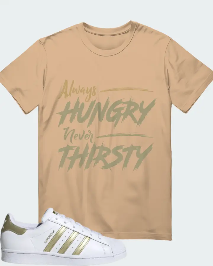 adidas Superstar White Gold Metallic (Women's) Sneaker Matching Cream T-Shirt - Always HUNGRY Never THIRSTY
