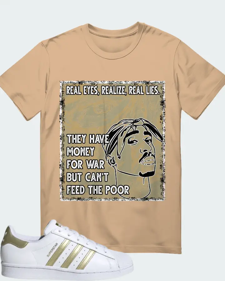 adidas Superstar White Gold Metallic (Women's) Sneaker Matching Cream T-Shirt - TUPAC Real Eyes Realize Real Lies