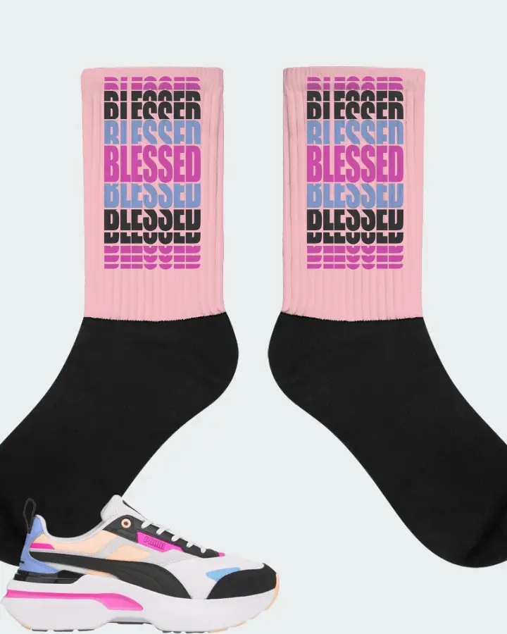 Puma Kosmo Rider Bright White Grey Violet  Sneaker Matching Pink Socks - BLESSED Many Times