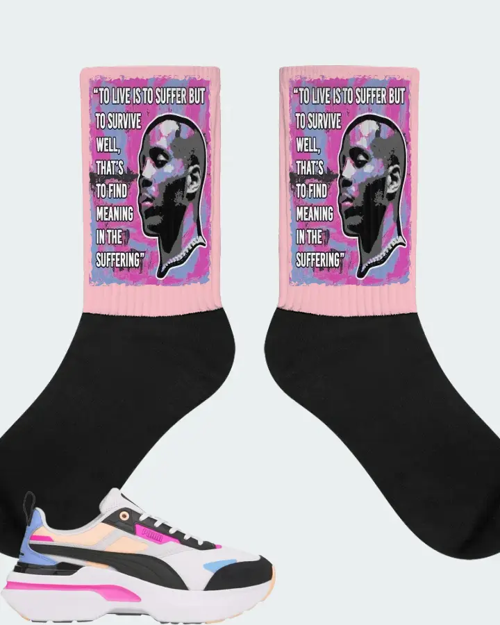Puma Kosmo Rider Bright White Grey Violet  Sneaker Matching Pink Socks - DMX Suffer Quote