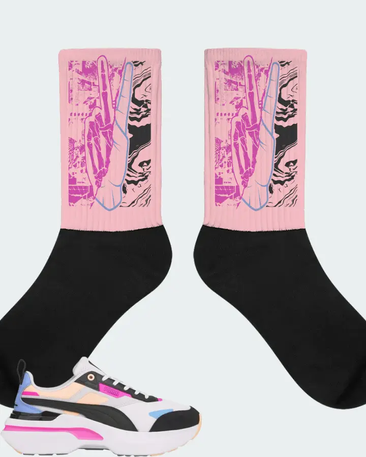 Puma Kosmo Rider Bright White Grey Violet  Sneaker Matching Pink Socks - Peace of mind