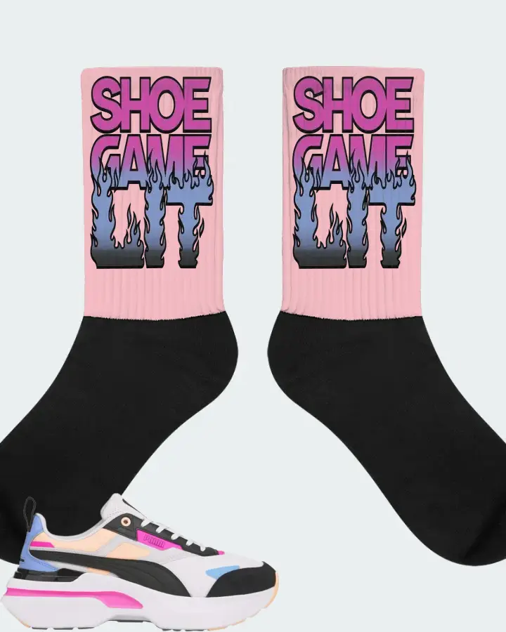 Puma Kosmo Rider Bright White Grey Violet  Sneaker Matching Pink Socks - Shoe Game Lit Refreshed