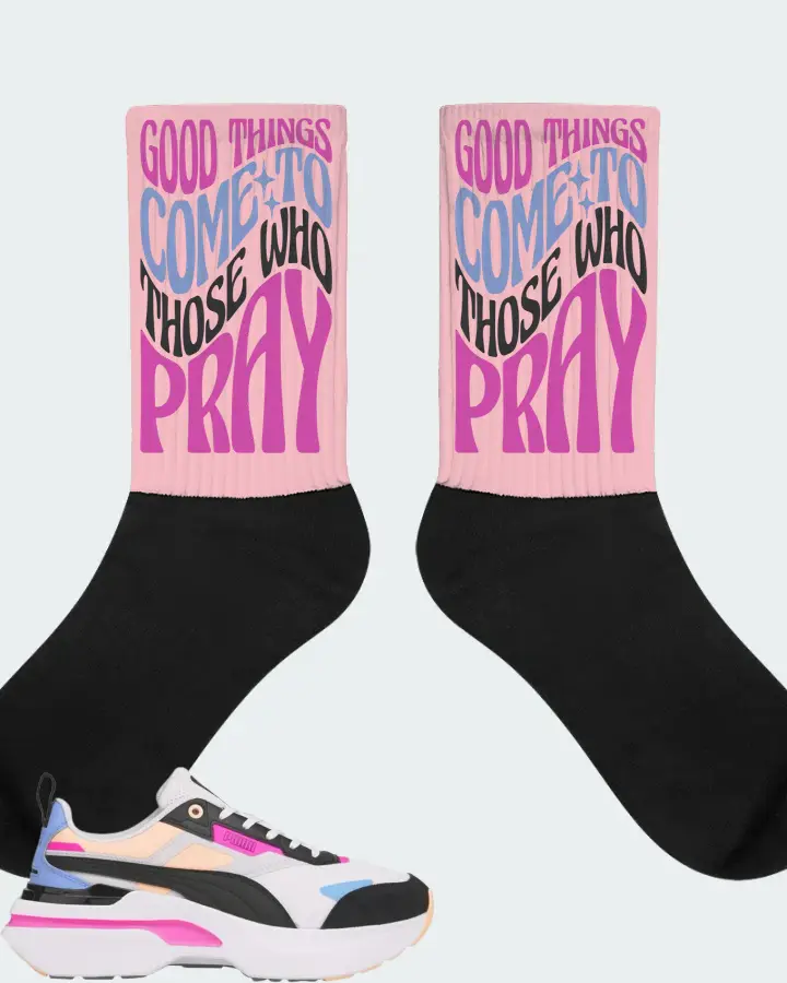 Puma Kosmo Rider Bright White Grey Violet  Sneaker Matching Pink Socks - Good Things Come To Those Who Pray