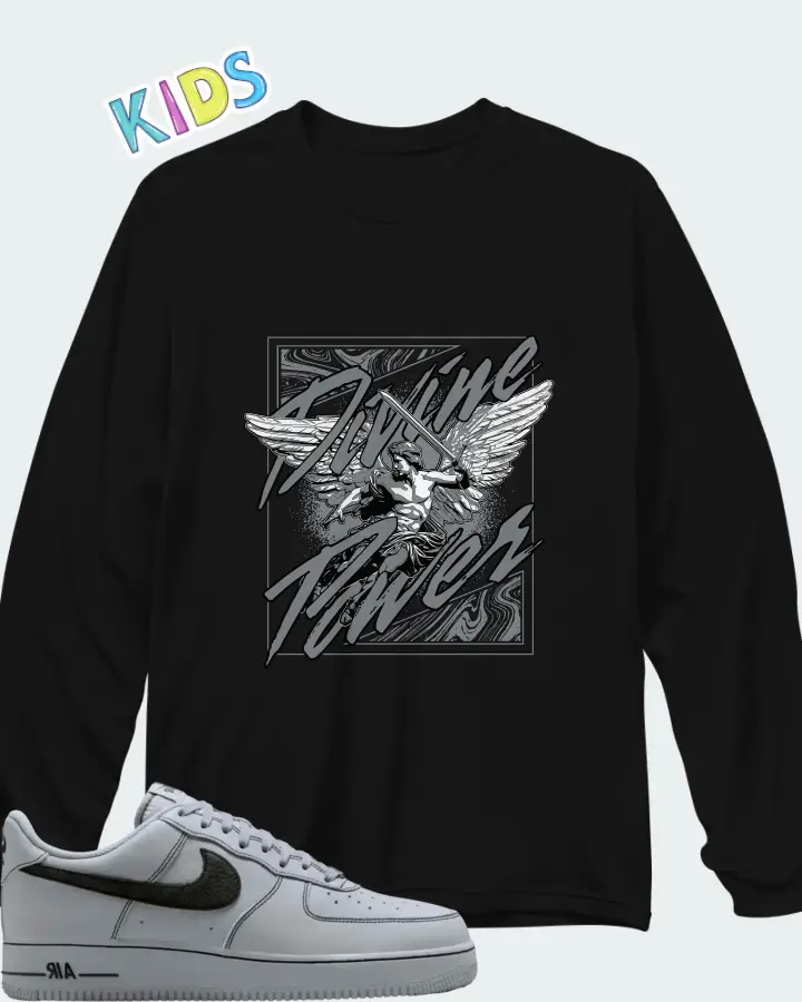 Nike Air Force 1 '07 LV8 Wolf Grey Black Matching Kid's Long Sleeve T-Shirt