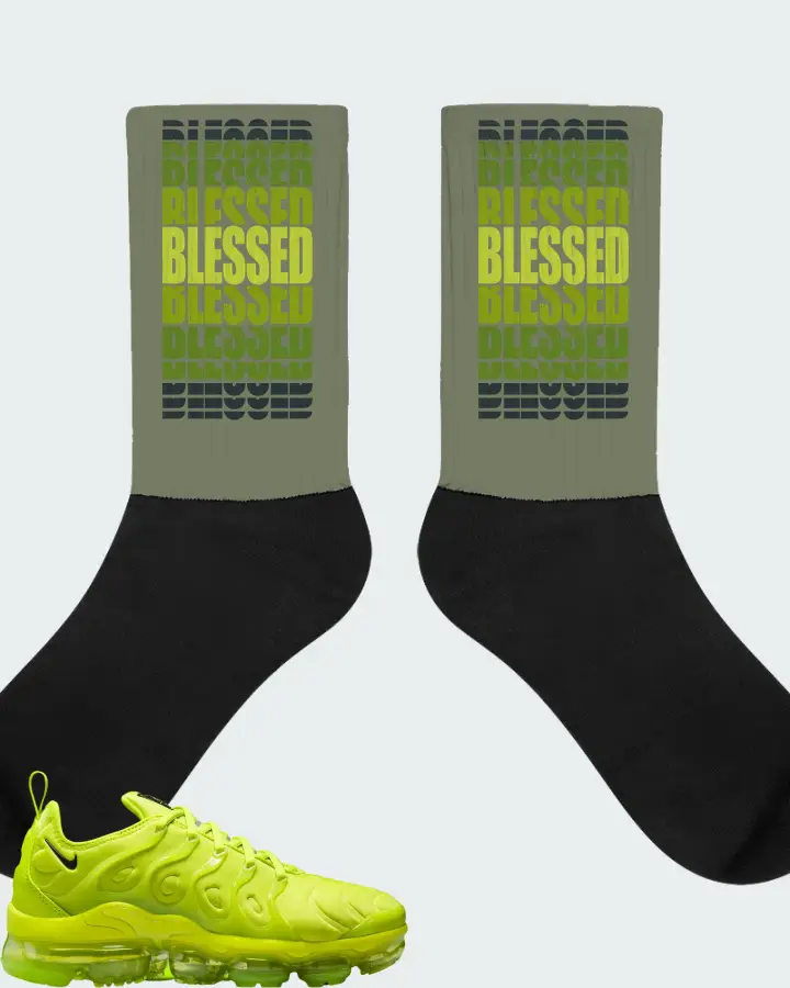 Nike Air VaporMax Plus Tennis Ball (Women's) Sneaker Matching Olive Socks (BLESSED Many Times) - View 1