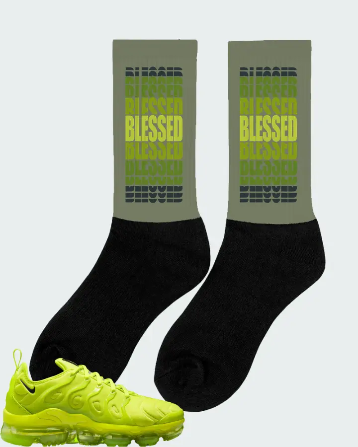 Nike Air VaporMax Plus Tennis Ball (Women's) Sneaker Matching Olive Socks (BLESSED Many Times) - View 3