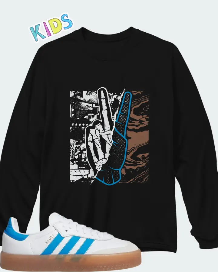 adidas Sambae J White Bright Blue Matching Kid's Long Sleeve T-Shirt