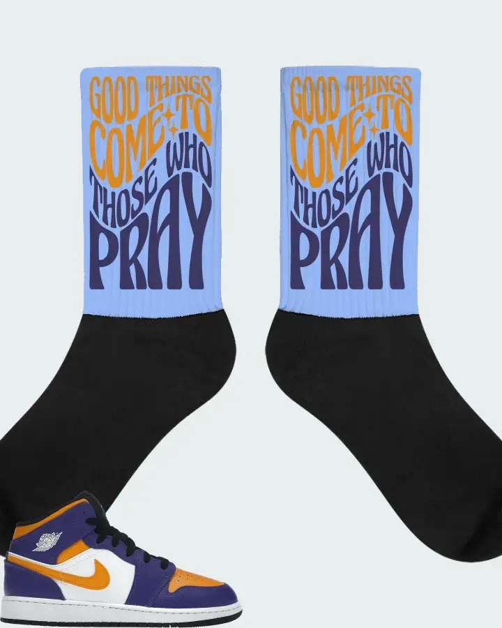 Jordan 1 Mid Sneaker Matching Carolina Blue Socks - Good Things Come To Those Who Pray