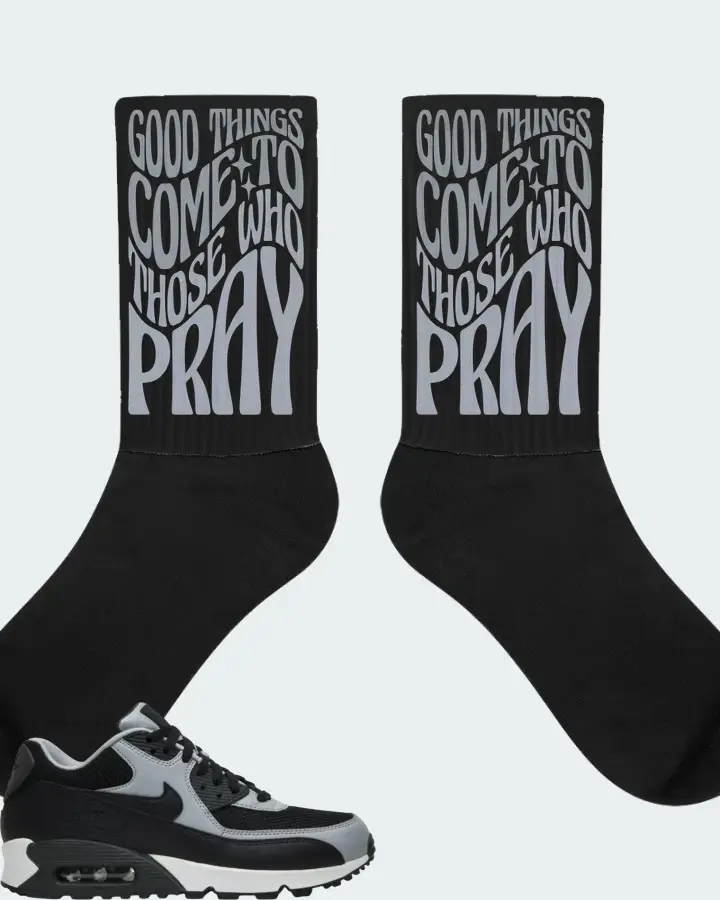 Nike Air Max 90 Essential Wolf Grey Sneaker Matching Black Socks - Good Things Come To Those Who Pray