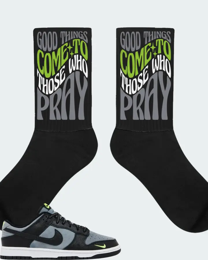Nike Dunk Low Black Grey Green Strike Sneaker Matching Black Socks - Good Things Come To Those Who Pray