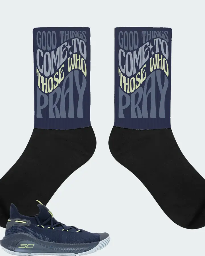 Under Armour Curry 6 Sneaker Matching Navy Socks - Good Things Come To Those Who Pray
