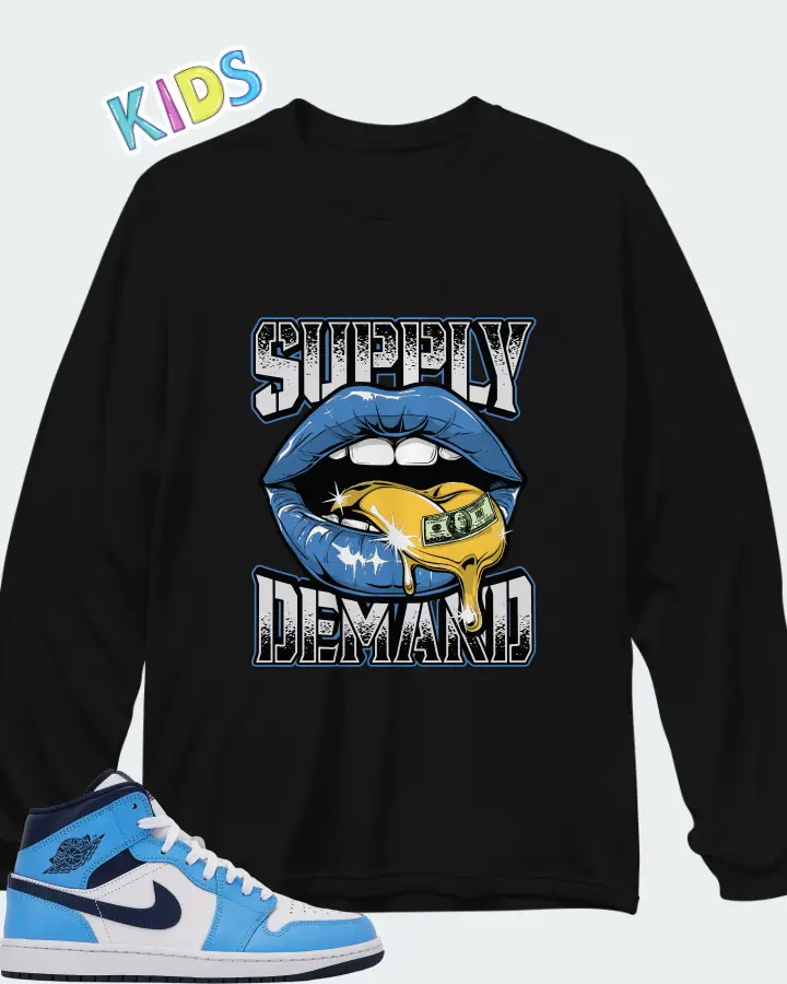 Jordan 1 Mid University Blue Midnight Navy Matching Kid's Long Sleeve T-Shirt