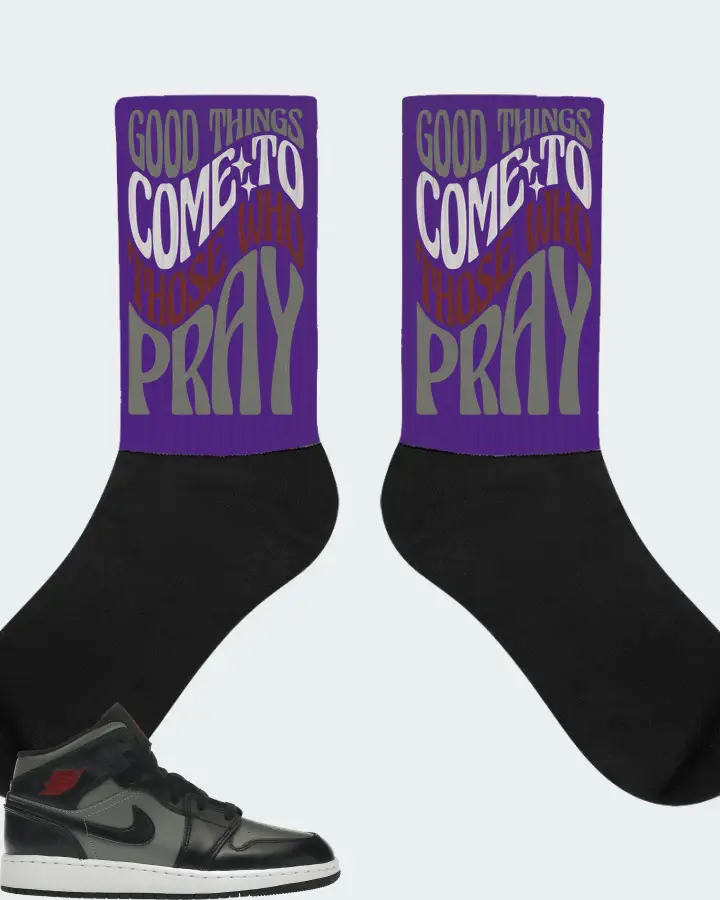 Jordan 1 Mid Sneaker Matching Purple Socks - Good Things Come To Those Who Pray